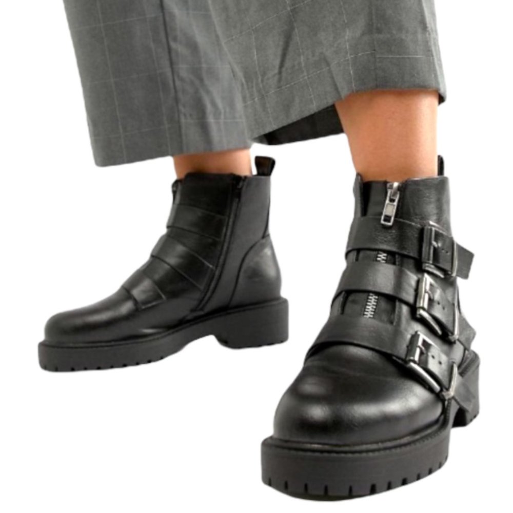 ASOS black buckle moto ankle boots